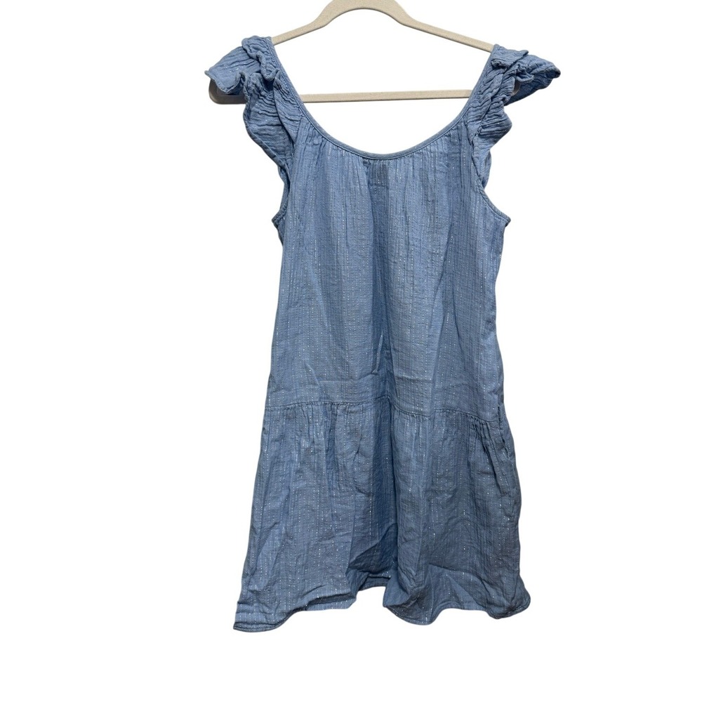 Gap‎ Blue Metallic Pinstripe Cotton Gauze Tiered Ruffle Mini Dress Womens M NWOT